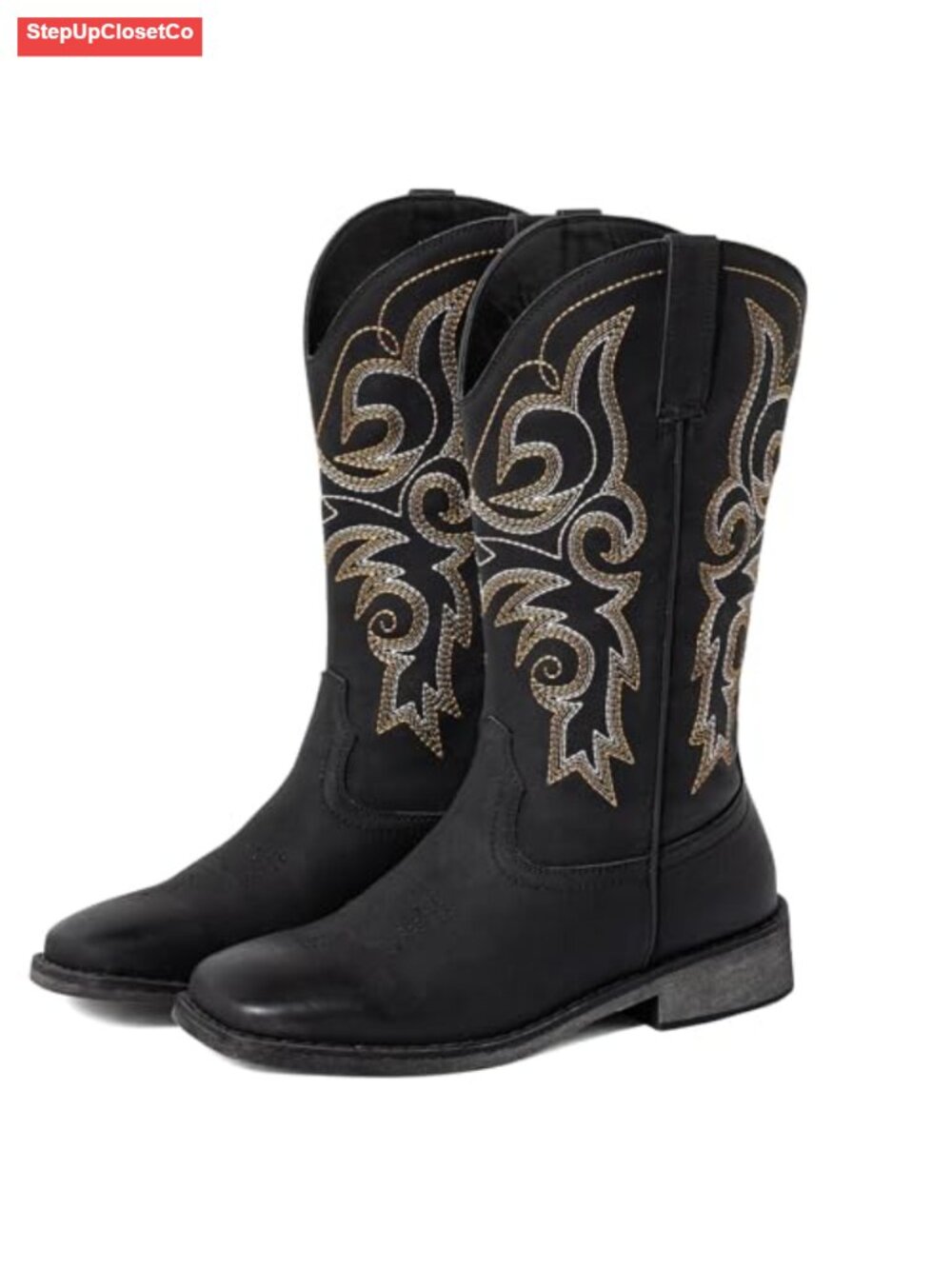 Wide Calf Cowboy Boots Square Toe Embroidered Mid Calf Faux Leather